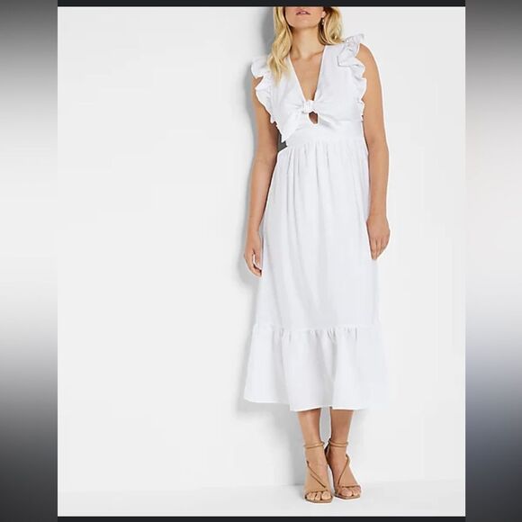 Express white 100% cotton midi lined dress XS ruffle - Picture 2 of 9